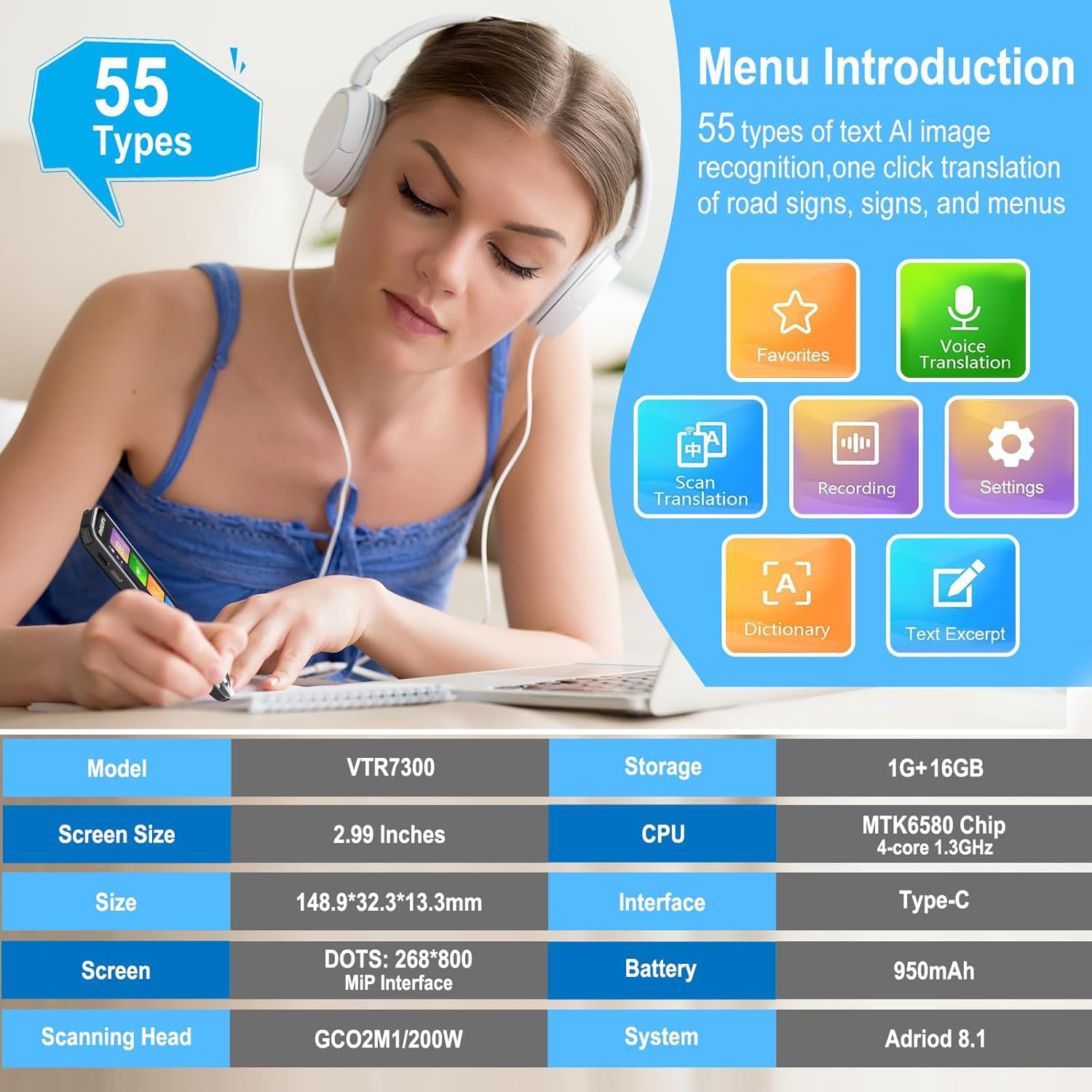 Glipazap Translator Pen, Reading Pen for Dyslexia, Pen Scanner Text to Speech Device, Scan Reader Pen OCR Digital Pen Reader, Wireless Translation Pen Scanner for Business Students Adults, VTR7300