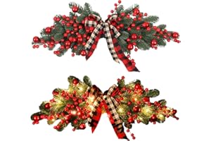 JUOPZKENN Artificial Christmas Swag Decoration Greenery Christmas Swag Winter Pine Needles Decoration Swag Xmas Mailbox Swag with Ribbon Bow and Red Berries for Christmas Decorations Holiday Home(With lamp)