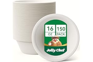 JOLLY CHEF Compostable Disposable Paper Bowl [16 oz] Heavy Duty Soup Containers [150 Pack] Biodegradable Bagasse Hot Cold Food Eco-Friendly Sugarcane Microwavable Bowls for Salad Milk Thanksgiving Day