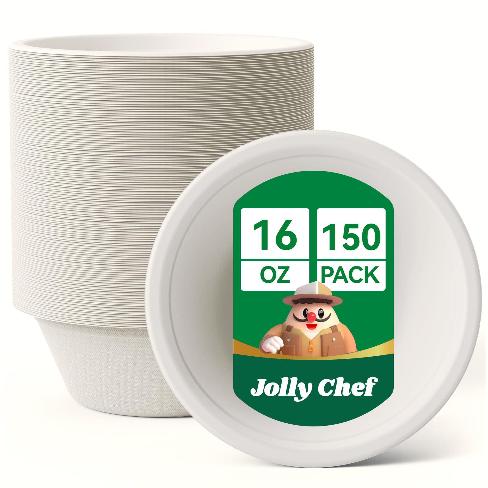 Photo 1 of JOLLY CHEF Compostable Disposable Paper Bowl [16 oz] Heavy Duty Soup Containers [150 Pack] Biodegradable Bagasse Hot Cold Food Eco-Friendly Sugarcane Microwavable Bowls for Salad Dessert Milk Cereals