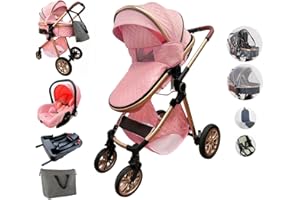 Kakbgee 5 in 1 Compact Baby Stroller with Removable Bassinet,Reversible Infant Newborn Pram Stroller with Bassinet,Foldable Toddler Stroller with Aluminum Frame,Recline Newborn Pram with Base,Pink