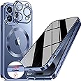 Upholyee [CD Metal Ring & Automatic Pop-up Lock Magnetic Privacy Case for iPhone 15 Pro Max [Compatible with MagSafe] [Integrated Lens Protection] Full Body Bumper Cover with Built-in 9H Glass-Blue