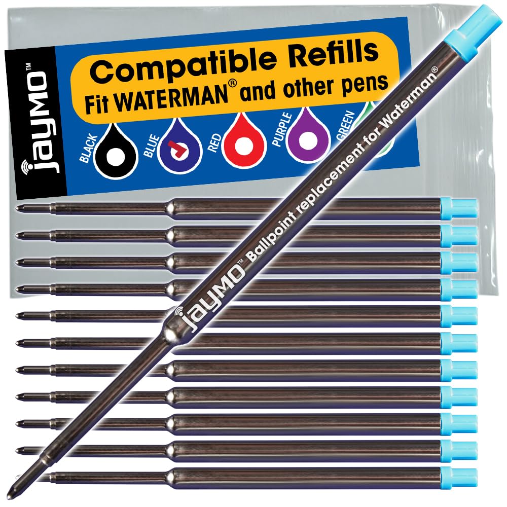 Jaymo Replacement for Waterman 834264 - Measures 4.4 in / 112 mm Long - Ballpoint Pen Refill - 12 Blue