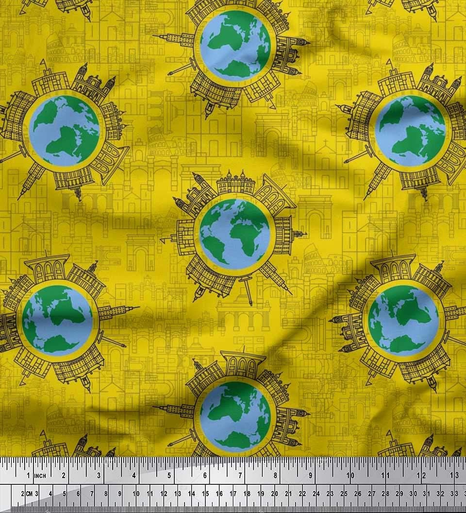 Soimoi Gelb Moos Georgette Stoff Globus & Denkmäler architektonisch