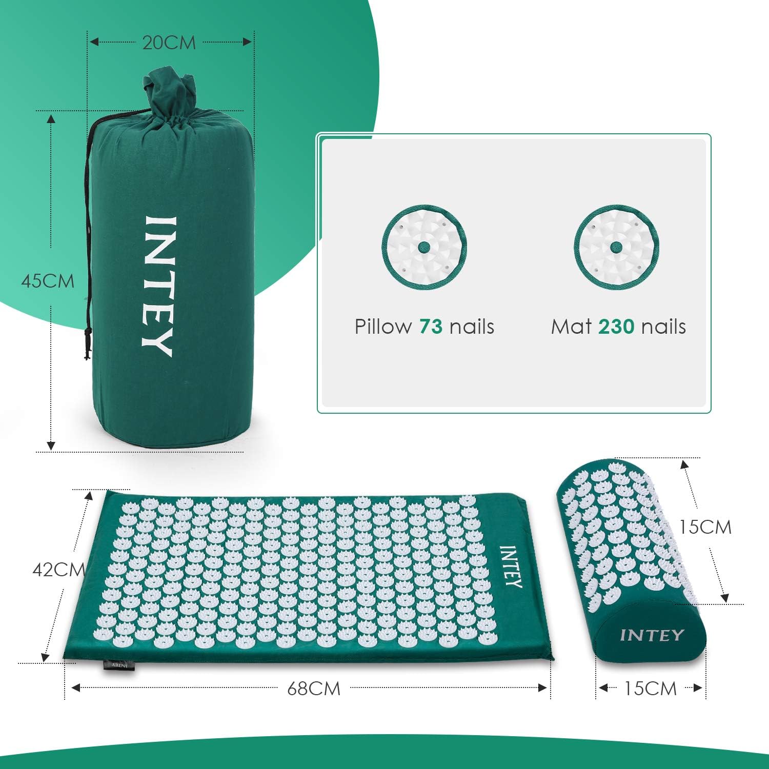 INTEY Wellness Therapy Acupressure Mat Set, Help Release Muscle Pain and Tension, Acupuncture Mat and Pillow Cushion for Back/Neck Massage with Carry Bag (Dark Green): Health & Personal Care