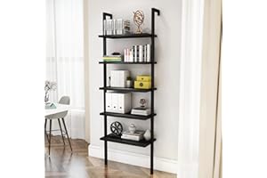 DKLGG 5-Tier Ladder Shelf, Industrial Wall Mounted Bookshelf, Narrow Ladder Bookcase with Wood Board and Metal Frame, Open Display Shelf for Living Room, Bedroom, Office, Black