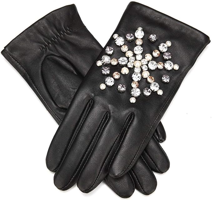 Ladies Leather Gloves Short Fashion Simple Super Classic Glamorous Warm Inlaid Diamonds Black