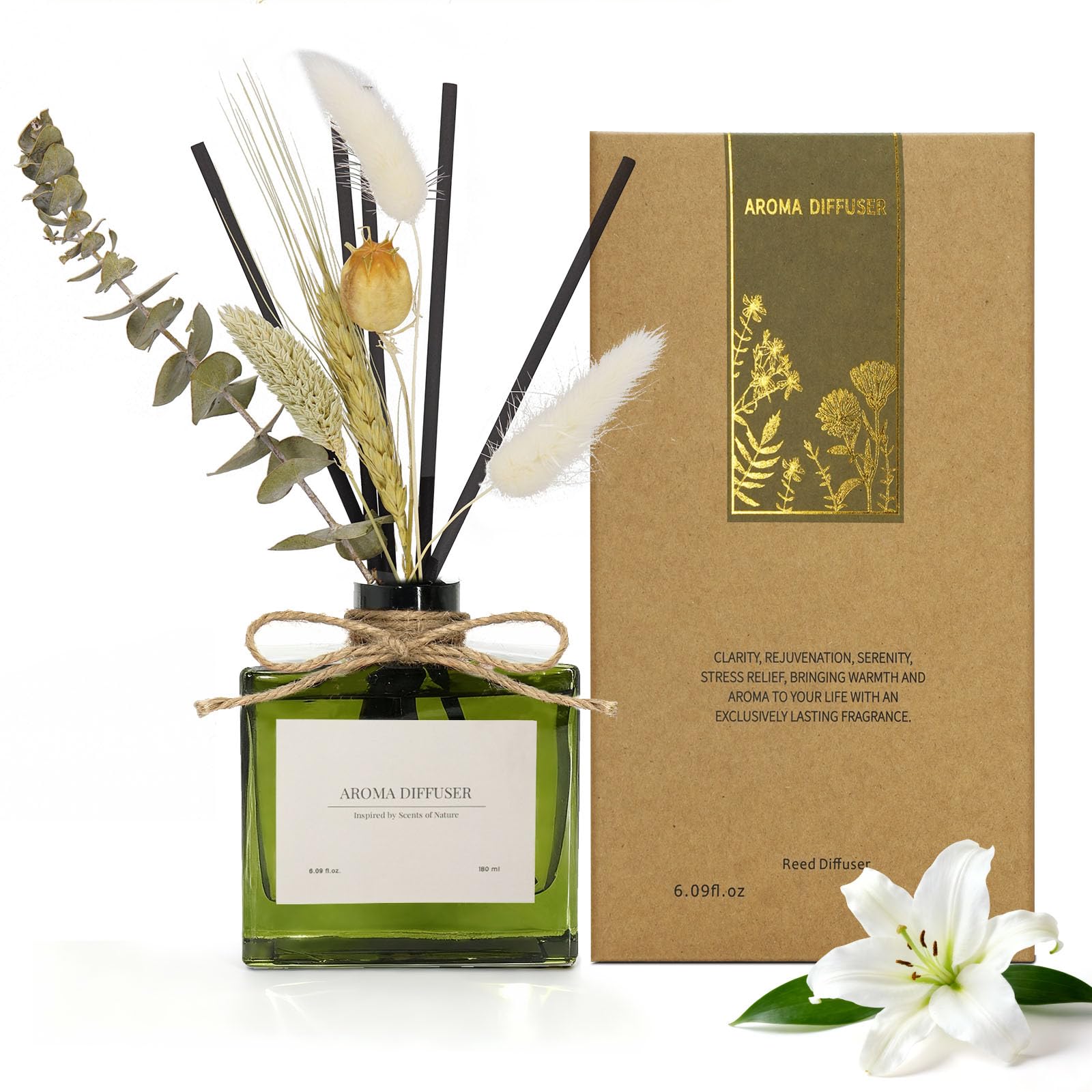 Blume Raumduft Diffuser für 120 Tage Büro,Aroma Diffuser Jasmin Duft mit 7 Duftstäbchen,Natürlich Langanhaltend Lufterfrischer für die Schlafzimmer, Raumdüfte für dekorative Wohnaccessoires