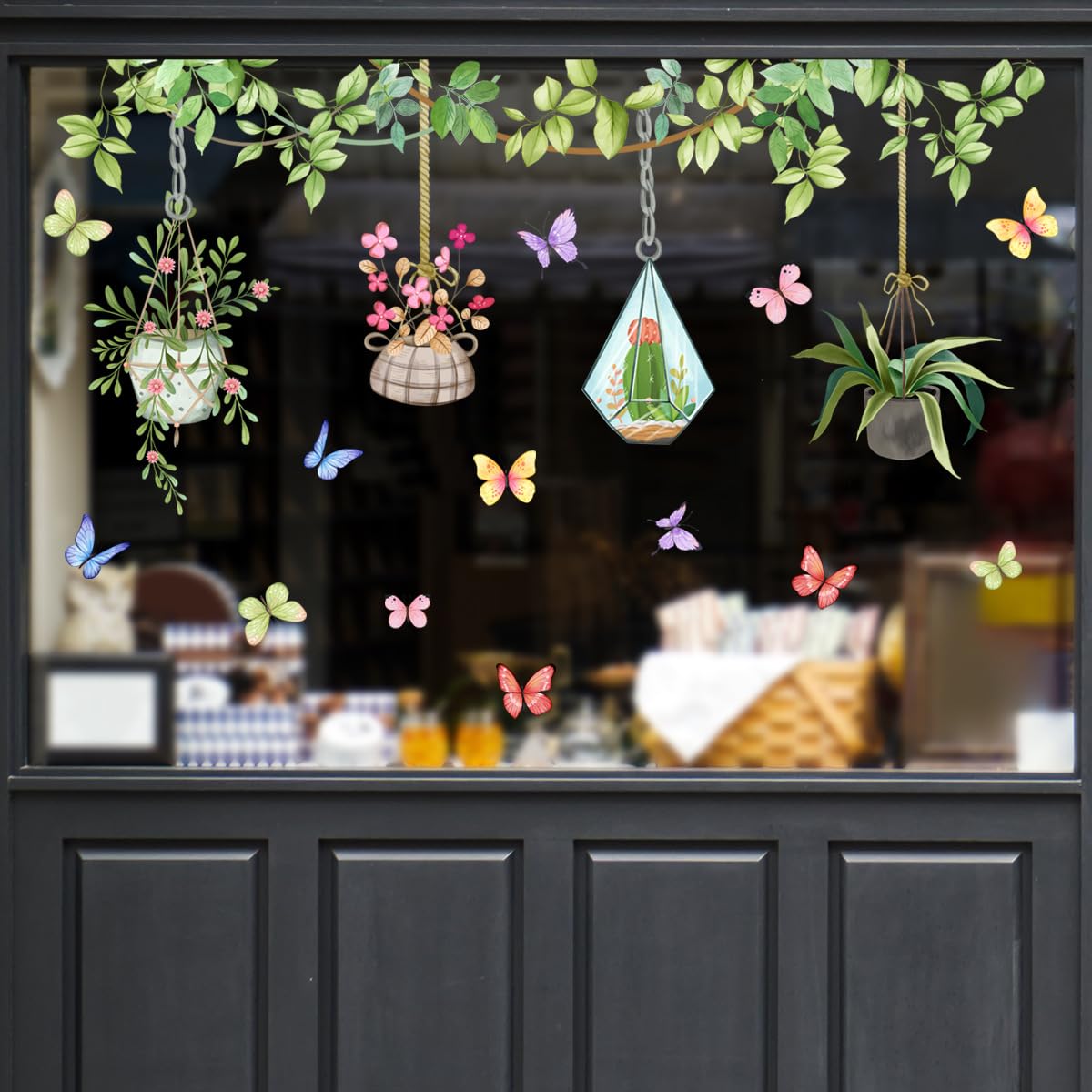 Runtoo Potted Plant Window Clings Flower Catcus Hanging Vines Glass Wall Decals Stickers Tropical Botanical Cactus Living Room Bedroom Home Decor