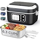 Cordless Heated Lunch Box for Men, 6.3 Cup 100W Electric Lunch Box Food Warmer with 27000mAh Battery for Self Heating, Including Cutlery, Insulated Bag and Divider for Women Adults(Black+White)