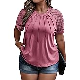 Eytino Plus Size Tops for Women Summer Lace Short Sleeve Crewneck Loose Casual Blouse Tunic T Shirts(1X-5X)