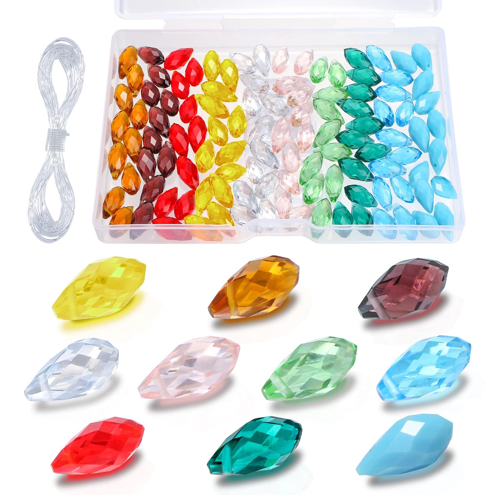 UHOMENY 100Pcs Teardrop Crystal Beads Mixed Colors Glass Beads Crystal Prism Lustered Drop Spacer Loose Beads Water drop Shape Top Drilled for Jewelry Craft Making Pendants, with Box and Elastic Rope