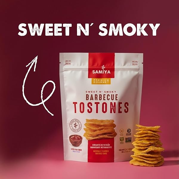 SAMIYA PLANTAIN CHIPS | BARBECUE | CRUNCHY TOSTONES SNACK | ALL-NATURAL, GLUTEN-FREE NON-GMO KOSHER OU | VEGAN & SOY-FREE | THIN CRISPY PLANTAIN CHIPS | NO ARTIFICIAL INGREDIENTS | LATIN FLAVOR | 5.3 OUNCE BAG