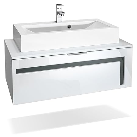 Vladon Waschtisch Waschbecken Unterschrank Aloha V2, Korpus in Weiß matt/Fronten in Weiß Hochglanz mit Absetzungen in Grau Ho