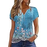 Disamer Summer Tops for Women Petal Short Sleeve Shirts Dressy Pleated Tunic 2026 Casual V Neck Button Down Blouses