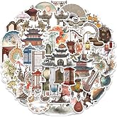 50Pcs Ancient Chinese Culture Architecture Waterproof Vinyl Stickers | Removable Reusable Peel &amp; Stick Decals Decoration for Water Bottles Bicycle Laptop Mobile Phone Skateboard