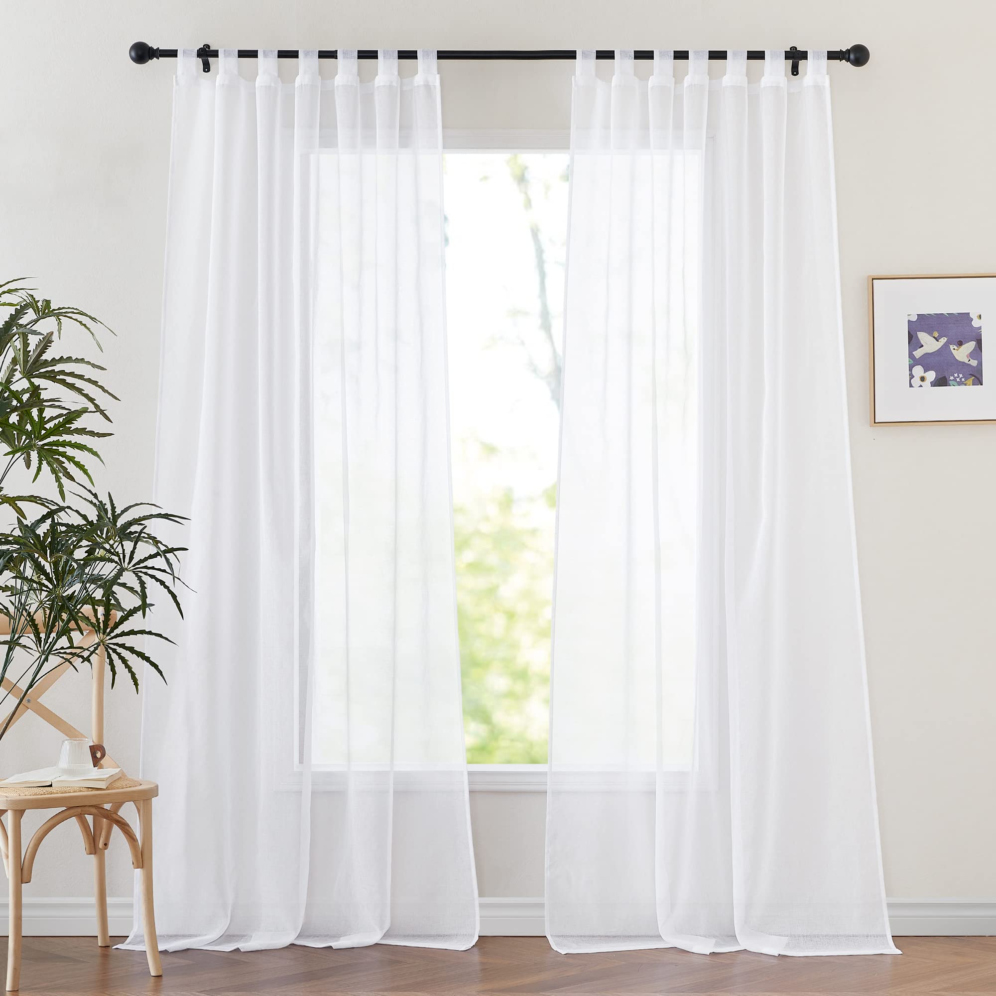PONY DANCE Extra Long Curtains and Curtains for Living Room and Balcony Door Curtain White Transparent Curtains with Loops Linen Look Set of 2 H 280 x W 140 cm