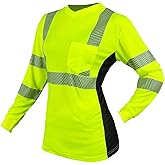 QELIN Hi Vis Shirts for Women Reflective ANSI Class 2 Safety Long Sleeve High Visibility Construction Work T Shirts,1 Pack