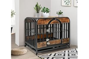 DISHUP Furniture Style Dog Crate, 46in Dog Kennel with Pull-Out Tray and Lockable Omni-Directional Wheels, Hard Steel Pipe and Heavy Duty Wooden Panel, Easy Assembly, Chew-Resistant, Rustic Brown