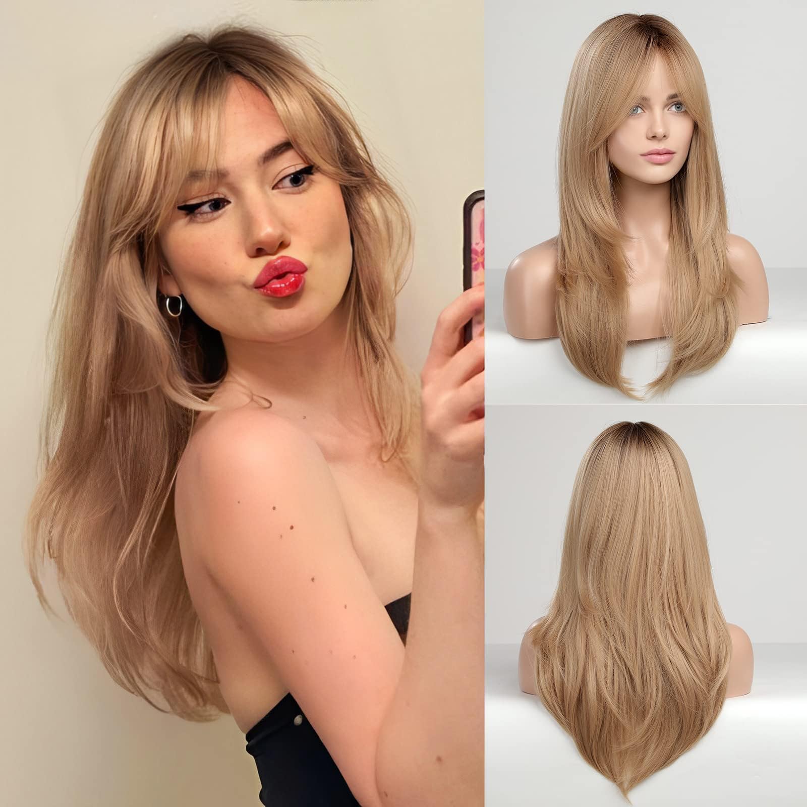 HAIRCUBE Long Blonde Layered Synthetic Hair Wigs for Women with Brown Roots