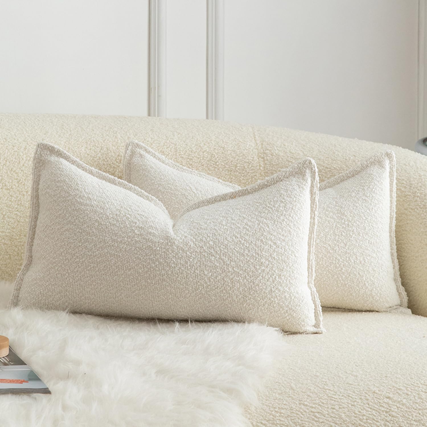 Photo 1 of MANDIOO Pack of 2 Decorative Throw Pillow Covers Accent Solid Woven Textured Cushion Covers Pillow Cases Bedroom Living Room Sofa Home 12 x 20 Inch Cream White