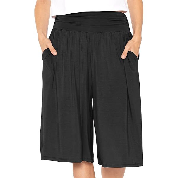 Women's Black Wide Leg Culotte Palazzo Pants - High Waist, Elastic Waistband, 3/4 Capri Length 8 thumbnail image
