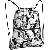 Qilerongrong Halloween Goth Skull Drawstring Backpack, Gothic Black White Skeleton Drawstring Bag, Waterproof Durable String Sackpack, Large Capacity Cinch Sackpack for Yoga Sport Beach Gym Shopping