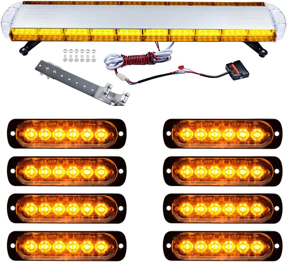 Set AMBER 1pc 47 Inch 88-LED 88W + 8pcs 6-LED 18W Car Truck Warning Emergency Construction Flash Strobe Light Bar
