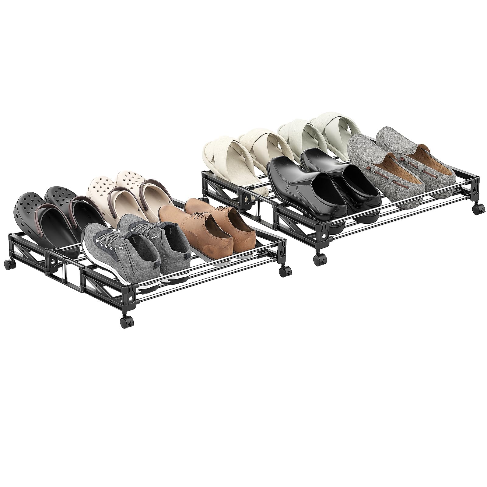 Photo 1 of DEYILIAN 2 Pack Under Bed Shoe Storage with Wheels Fixable Underbed Shoe Rack Easy Assembly Holds 8 pairs of shoes Under Bed Shoe Organizer for Bedroom Space Saving Easy Pull out Black