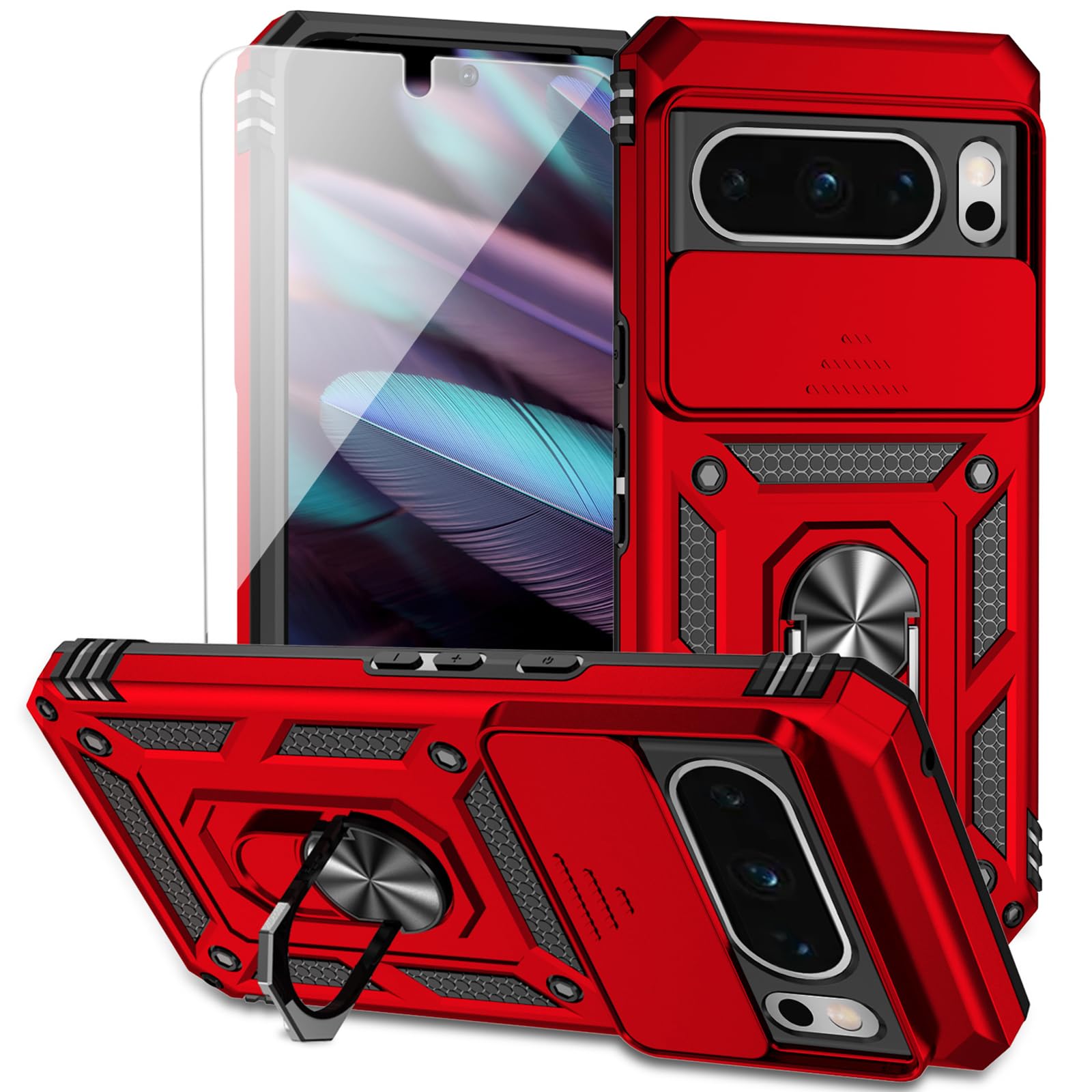 for Google Pixel 8 Pro Case with Slide Camera Cover HD Screen Protector [Military Grade 16ft. Drop Tested] Magnetic Ring Holder Kickstand Protective Phone Case for Google Pixel 8 Pro 2023, Red
