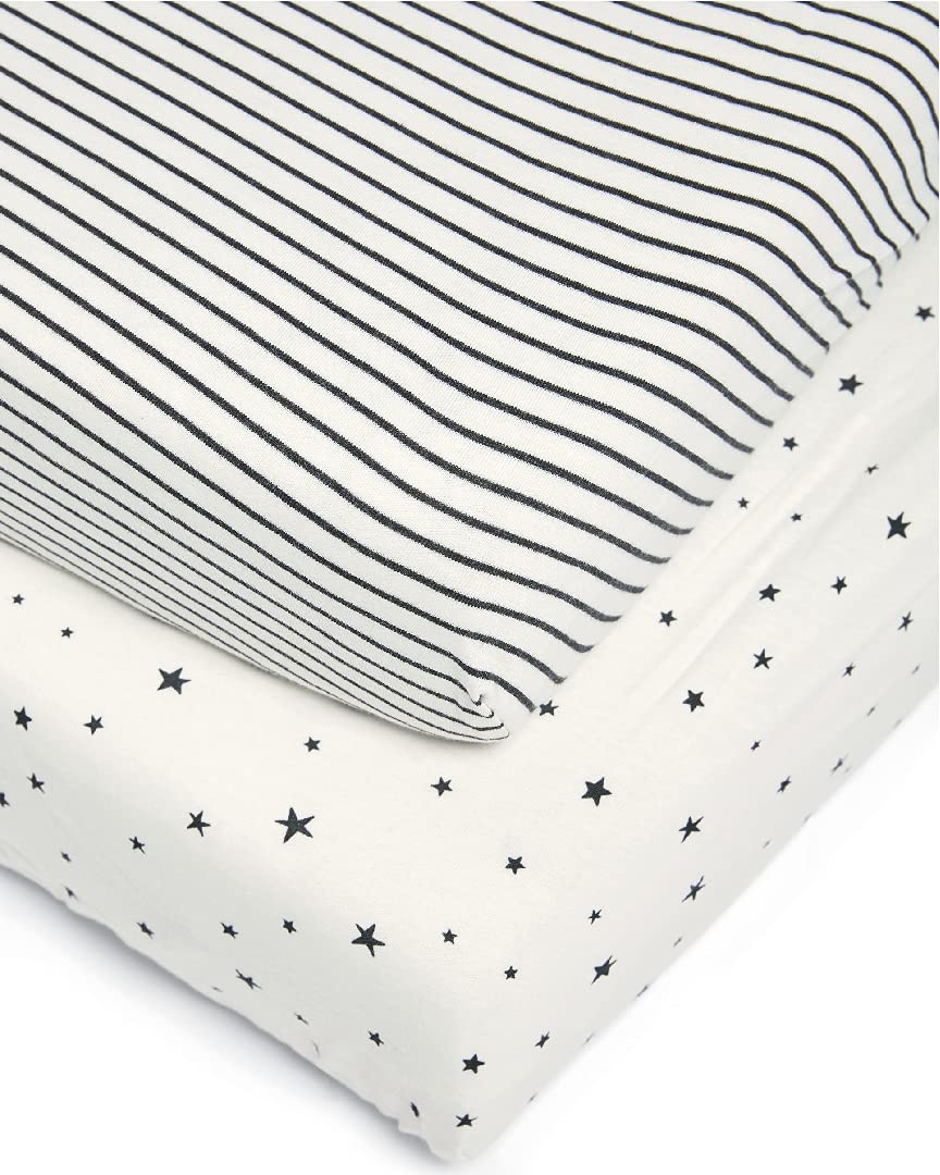 Mamas & Papas Cotbed Fitted Sheets, 100% Jersey Cotton Nursery Bedding (70 x 142cm, Pack of 2) - Starry Skies