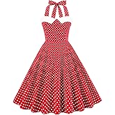Women 50s 60s Vintage Sleeveless Polka Dot Cocktail Swing Dress Retro Audrey Hepburn Patchwork Midi Evening Rockabilly Dress