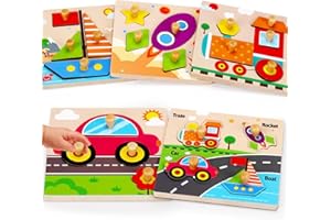 QIRPTEY 5 PCS Wood Peg Puzzles for Toddlers 1-3 Montessori Puzzles for 1 2 3 Year Old Girls Boys Wooden Shape Peg Puzzle for Toddler 2-3 2-4 Educational Learning Fine Motor Puzzles Birthday Easter Gift