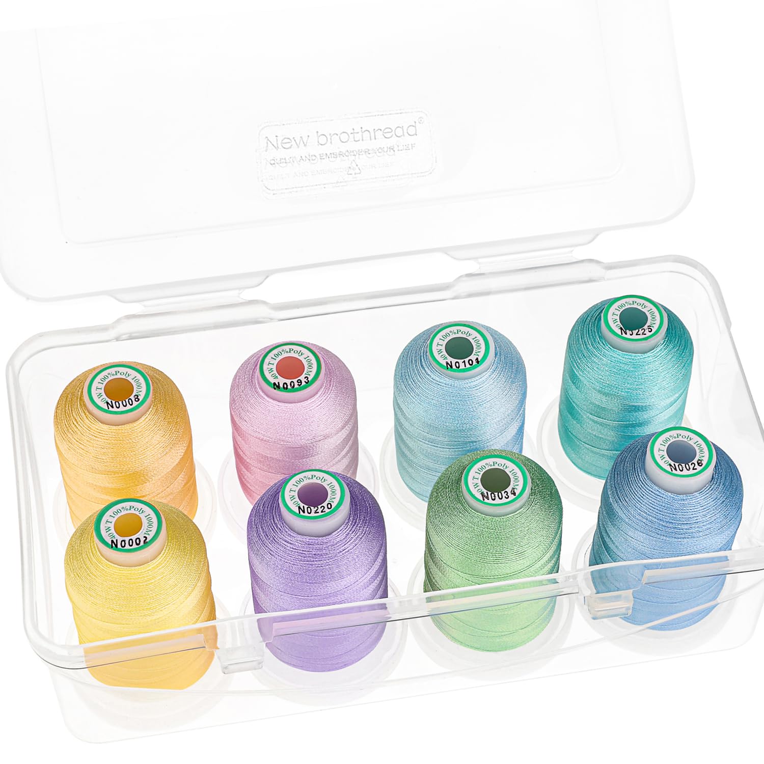 New brothread - 15 Options - 8 Snap Spools of 1000m Each Polyester Machine Embroidery Thread with Clear Plastic Storage Box for Embroidery & Quilting - Pastel Colour