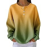 Women's Ombre Waffle Knit Sweater V-Neck Long Sleeve Pullover Gradient Color Fade Loose Fit Casual Top