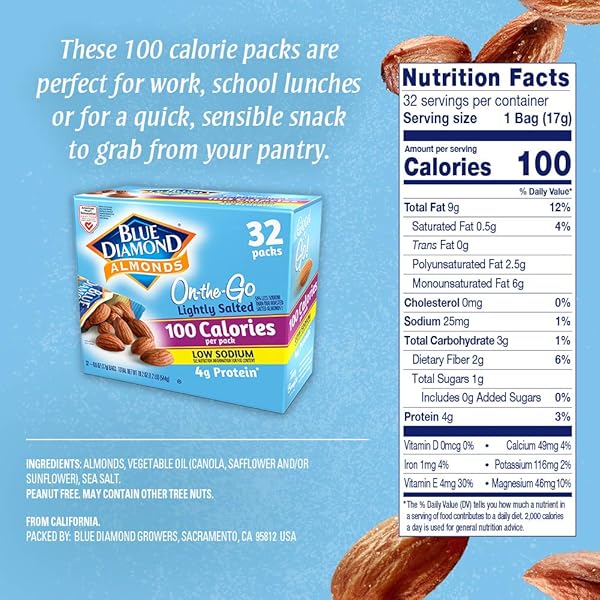 BLUE DIAMOND ALMONDS LIGHTLY SALTED, LOW SODIUM, 100 CALORIE PACKS, 32 COUNT