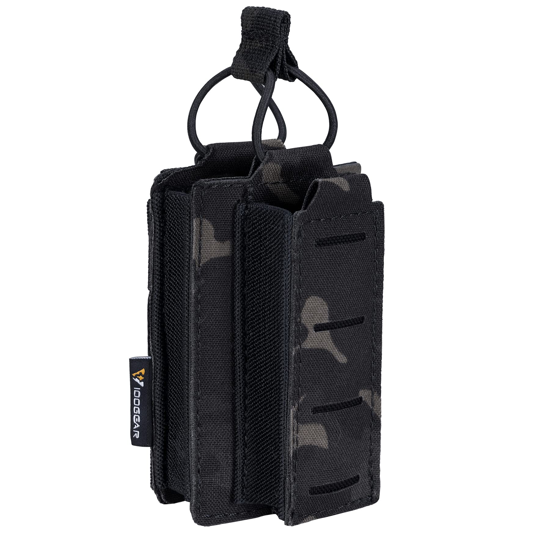 IDOGEAR Single Mag Pouches 5.56mm & 9mm Kangaroo Magazine Pouch Elastic Open Top MOLLE Pouch for Rifle and Pistol M4 M16 AR 5.56 9mm .40 S&W .45 ACP Magazines Laser-Cut Style (camo Black)