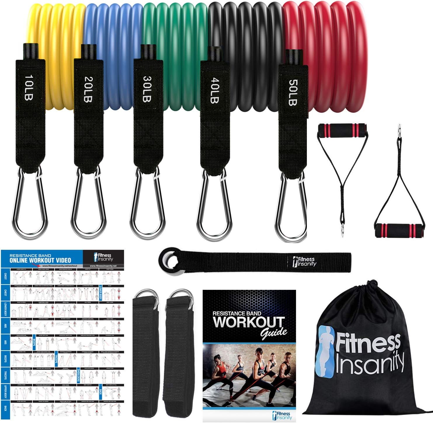 Fitness Insanity Resistance Bands Set - 5-Piece Exercise Bands - Portable Home Gym Accessories - Stackable Up to 150 lbs - Perfect Muscle Builder for Weights, Dumbbells, Arms, Leg, Chest, Back, Glutes