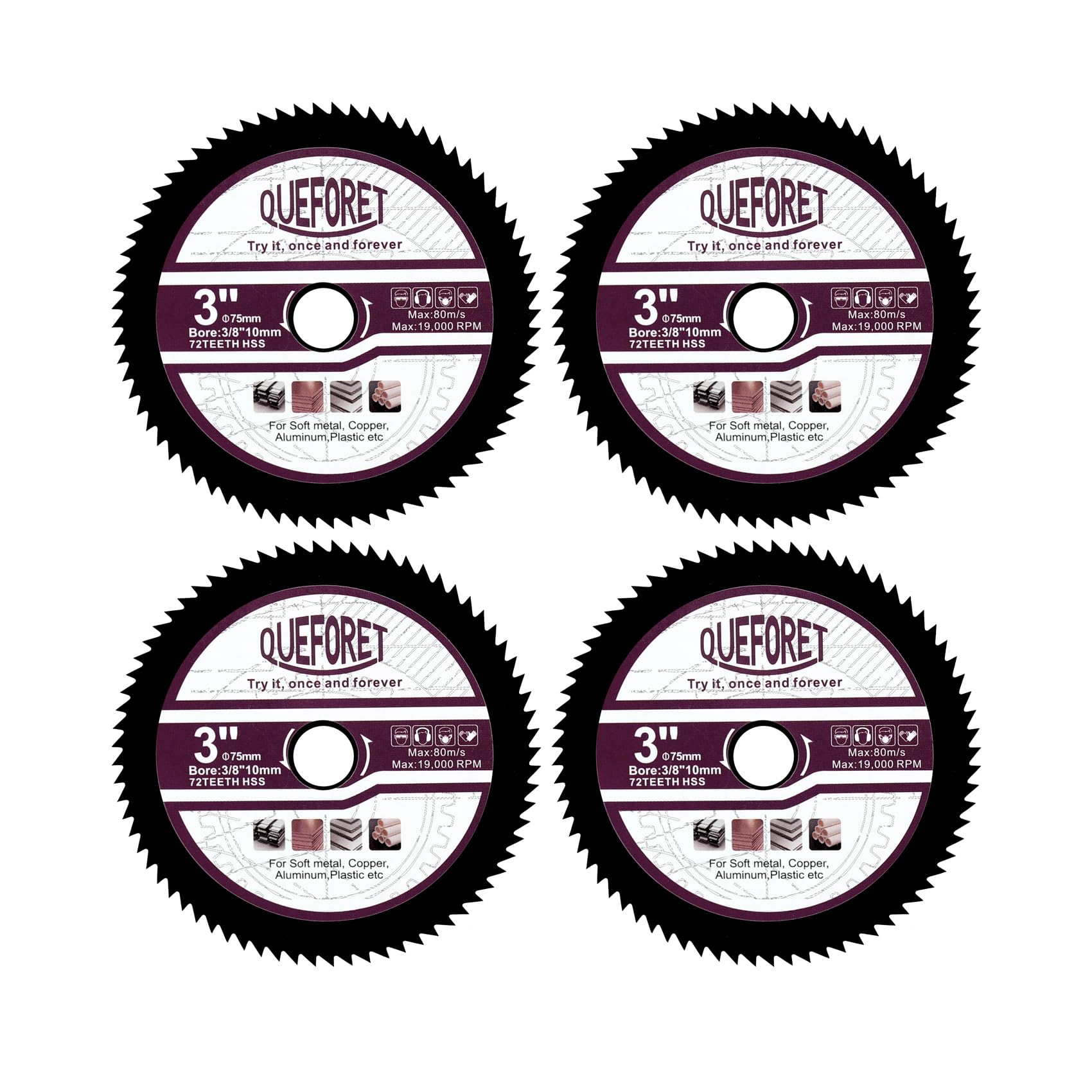 QUEFORET 75mm HSS Circular Saw Blades - 4pcs Cutting Discs for Soft Metal Copper Aluminium, with 10mm Arbor