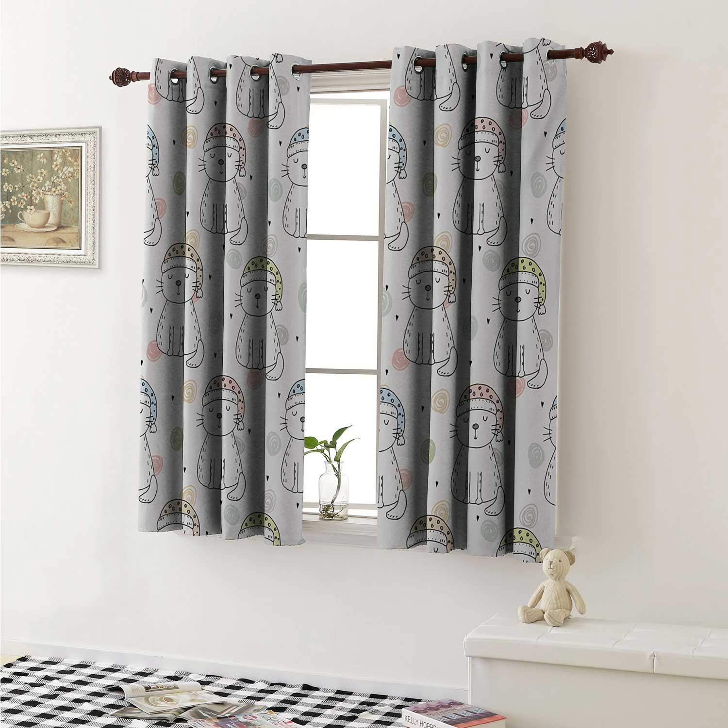 Amazon Com Shenglv Doodle Window Curtain Fabric Sleepy Cat