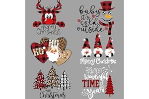 TAGBEROY 6PCS Christmas Iron On Transfers for T Shirts, Black Red Plaid Heat Transfer, Reindeer Christmas Tree Snowman Vinyl Designs for T-Shirts, Clothing, Backpack, DIY Decorations