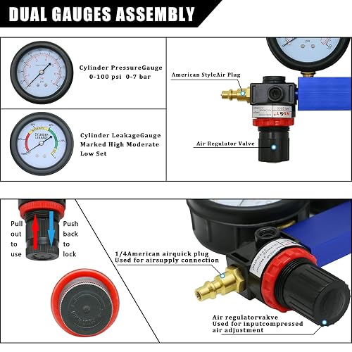 LEIMO KPARTS Cylinder Leak Down Tester & Compression Test Kit – Dual Gauge, Aluminum Brass