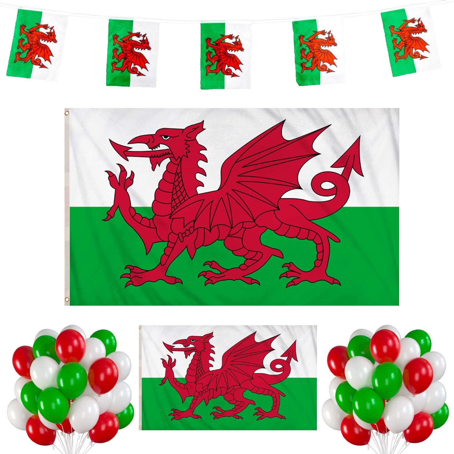 Wales Support Party Pack Total 28Pcs Including 8x5 Flag, 5x3 Flag, 10m/25flags Square Bunting and 25 Pcs RGW Balloons world cup Decoration 2022