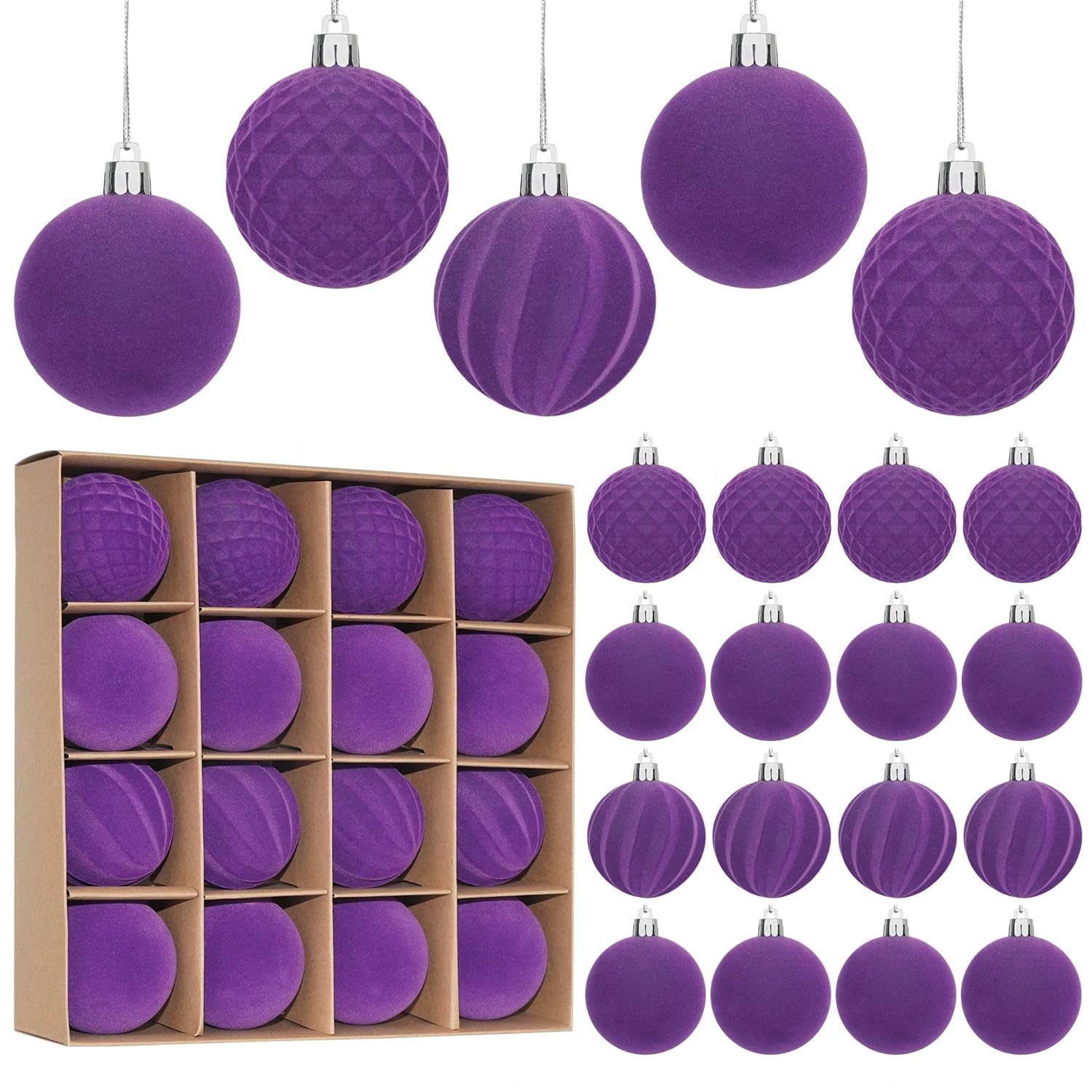 Miaikoe 16 Pcs Velvet Christmas Balls Hanging Ornaments Set, Pre-tied Shatterproof Plastic Flocked Christmas Balls Xmas Decorations Festival Holiday Party Decor (Purple,6CM)