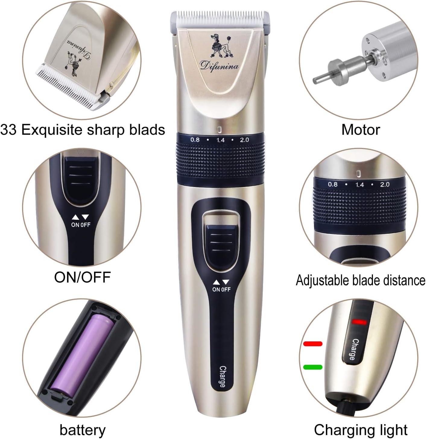 DIFUNINA Quiet Rechargeable Dogs Clippers Grooming Trimming Kit Set with Long Life Battery Use and Portable Vevet Pouch for Free for Small Middle Large Dogs and Cats Pets - Gold