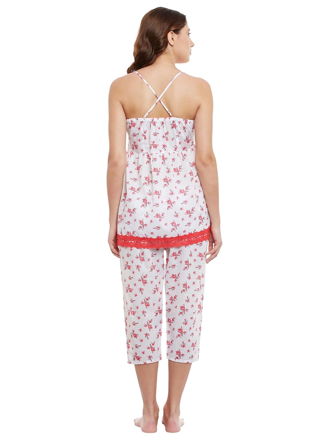 clovia women's cotton floral print spaghetti top & capri set