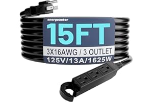 Energeaster 16/3 15 Ft 3 Outlet Extension Cord Outdoor Waterproof, Black Extension Cords with Multiple Outlets, 3 Prong with Multi Outlet Outside 13A 1625W 16AWG, ETL Listed