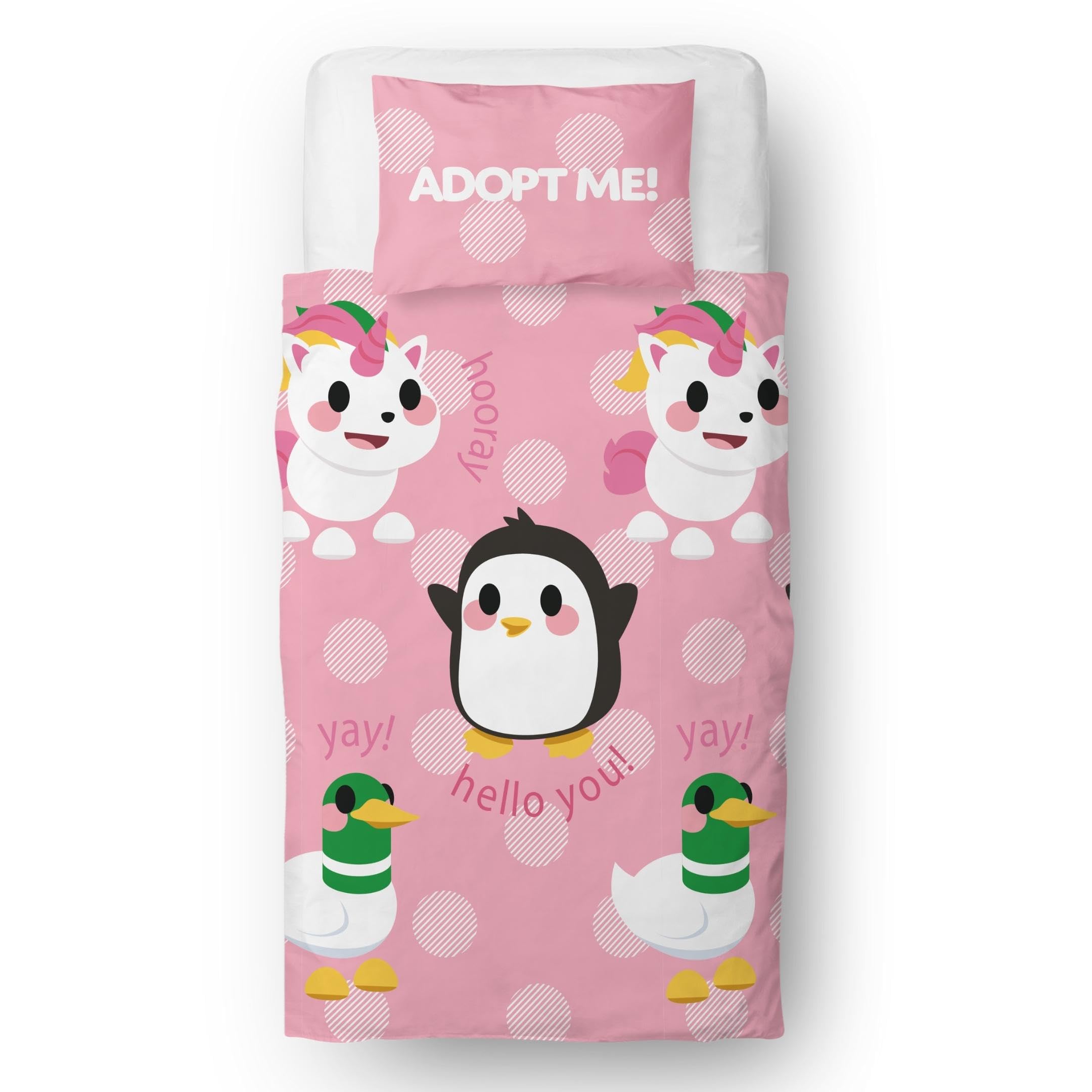Character World Adopt Me Officially Licensed Single Duvet Cover Set | Hugs Design Featuring Penguin, Unicorn and Duck | Reversible 2 Sided Bedding Including Matching Pillow Case | Single Bed Set