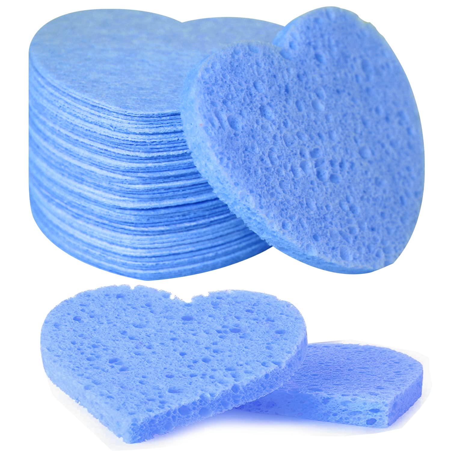 50-Count Facial Sponges - Compressed Natural Cellulose Heart Shape Face Sponge for Face Cleansing, Exfoliating and Makeup Removal, Blue — image 1