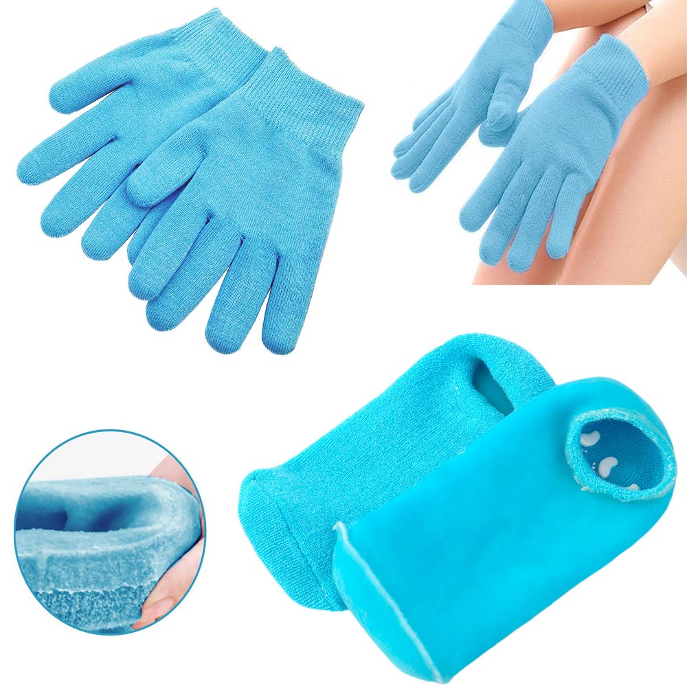 Pinkiou Moisturizing Gloves Socks Set Gel Spa for Moisturize Soften Repairing Dry Cracked Hands Feet Skin Care Silicone inside–Blue : Beauty